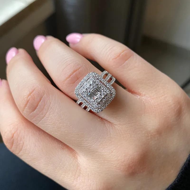 Sdouefos Store خاتم وعد زفاف من الذهب الأبيض عيار 18 مزين بكريستال زيركون مكعب للنساء، خاتم ألماس لامع من الفضة الإسترلينية عيار 925، خواتم كوكتيل زيركون مكعب، خاتم أبدي للنساء مقاس 8 - Image 2